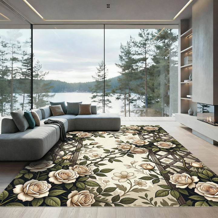 Cream Rose Trellis Garden Rug