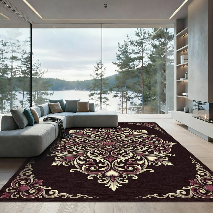 Elegant Burgundy Heart Floral Mandala Rug