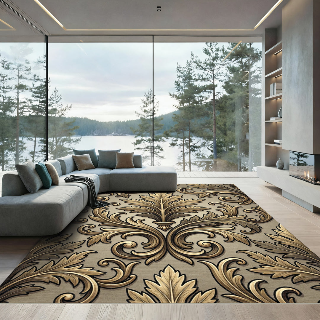 Golden Acanthus Scrollwork Emblem Rug