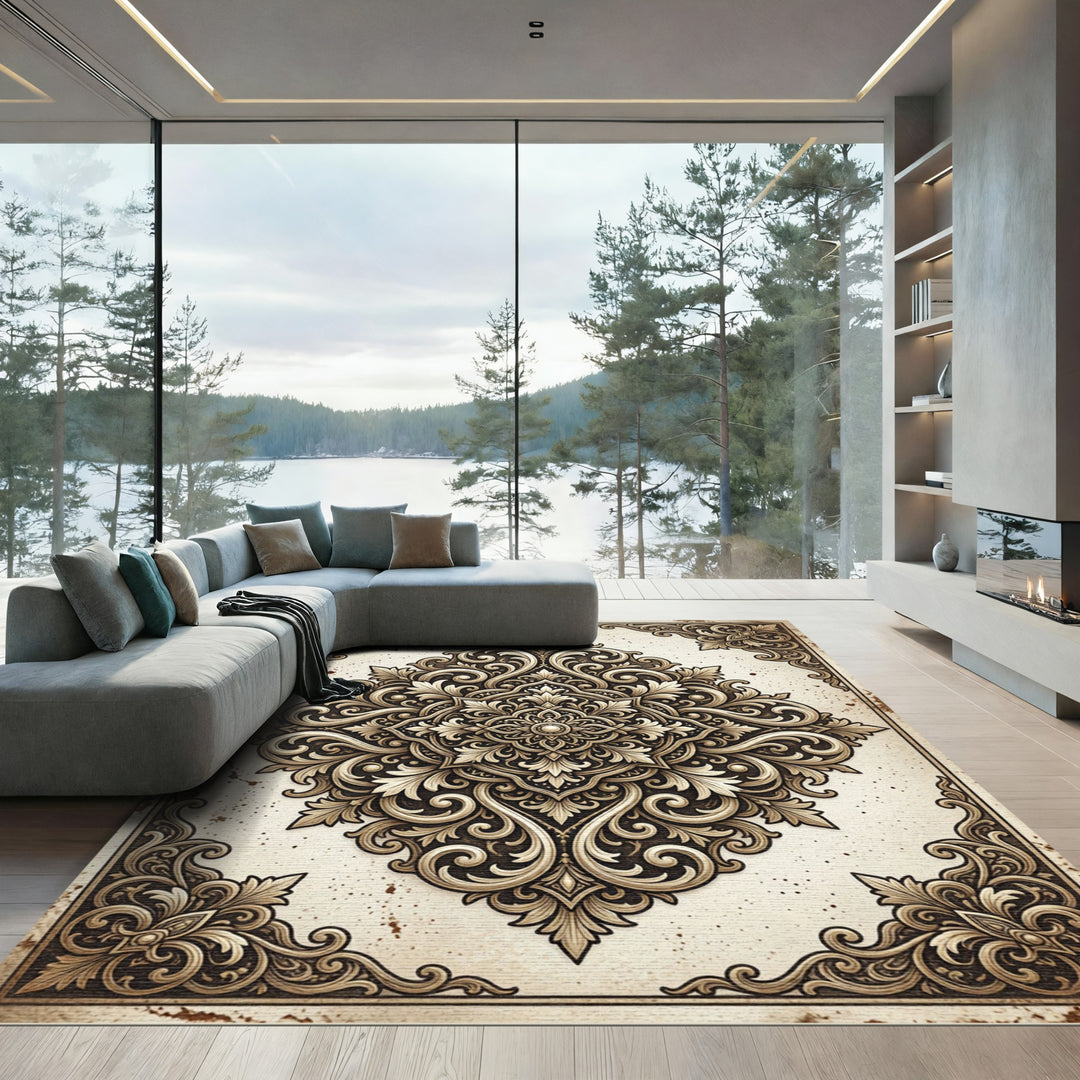 Ornate Golden Scrollwork Mandala Rug