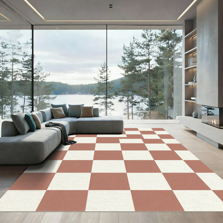 Terracotta Cream Checkerboard Square Rug