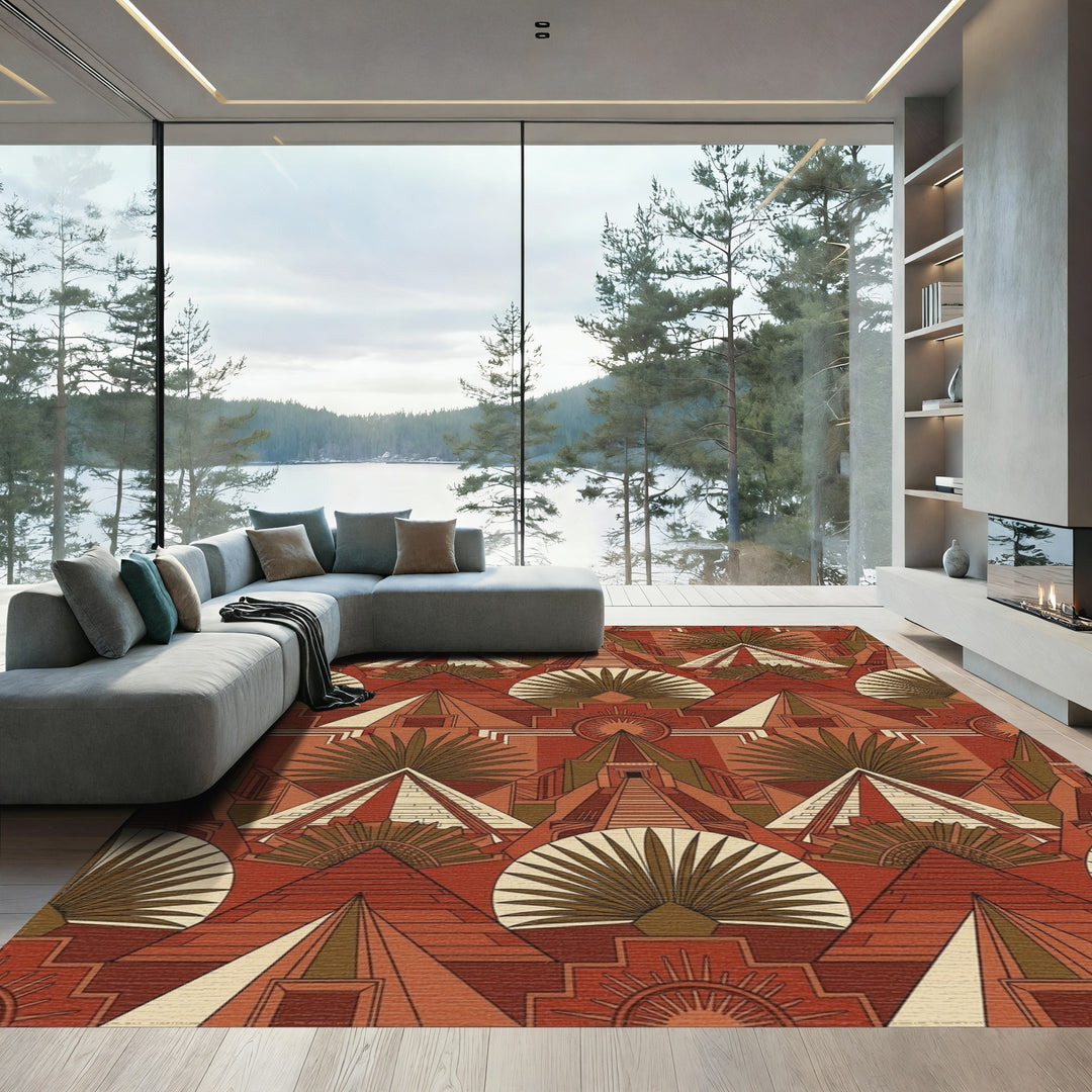 Terracotta Aztec Pyramid Sunburst Garden Rug