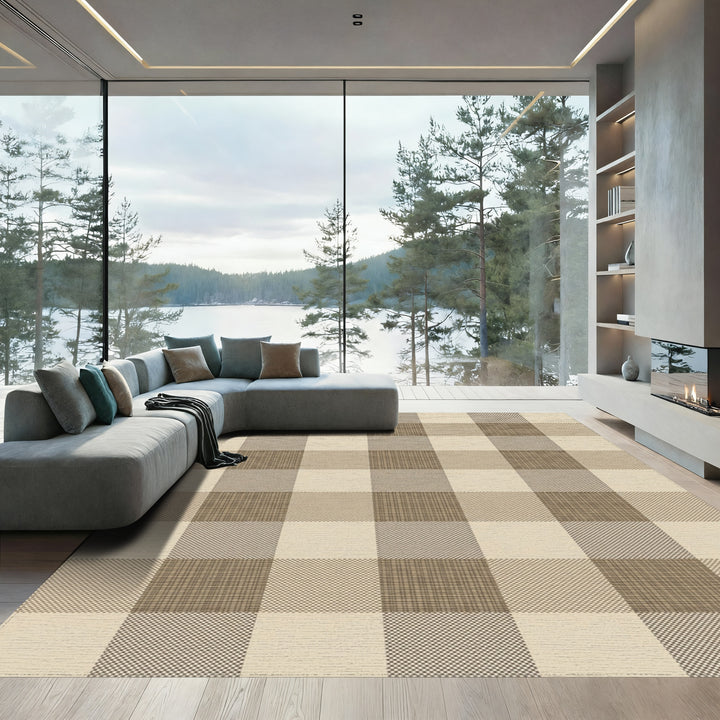 Earthy Beige Gingham Checkered Rug