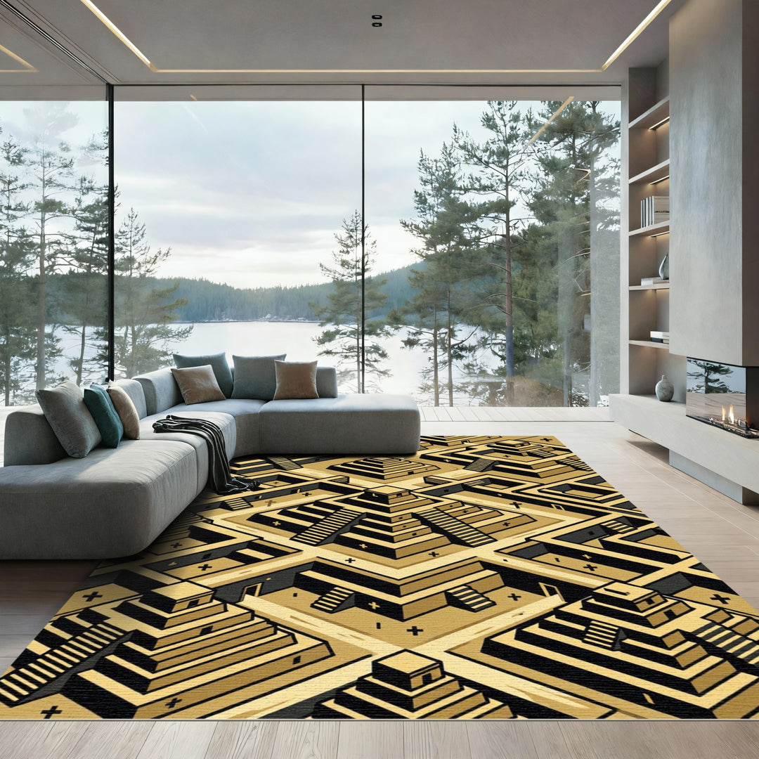 Golden Ancient Temple Isometric Landscape Rug