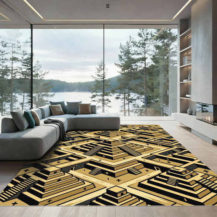 Golden Ancient Temple Isometric Landscape Rug