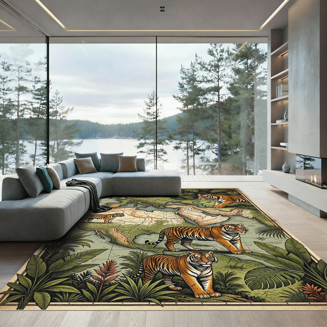 Vintage Tiger Jungle World Map Rug