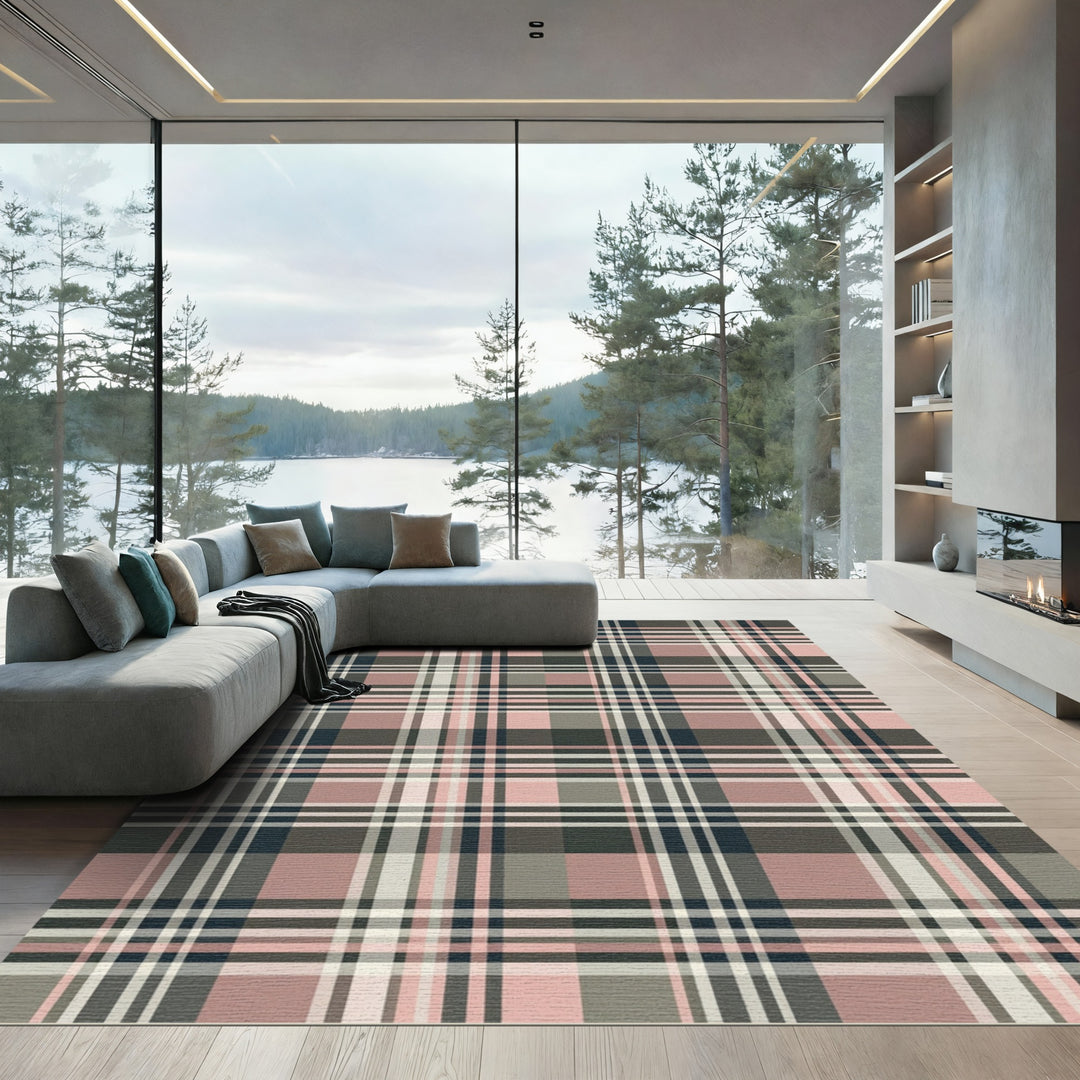 Dusty Rose Tan Plaid Grid Rug