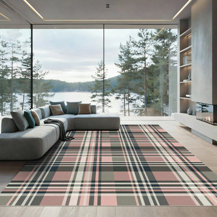 Dusty Rose Tan Plaid Grid Rug
