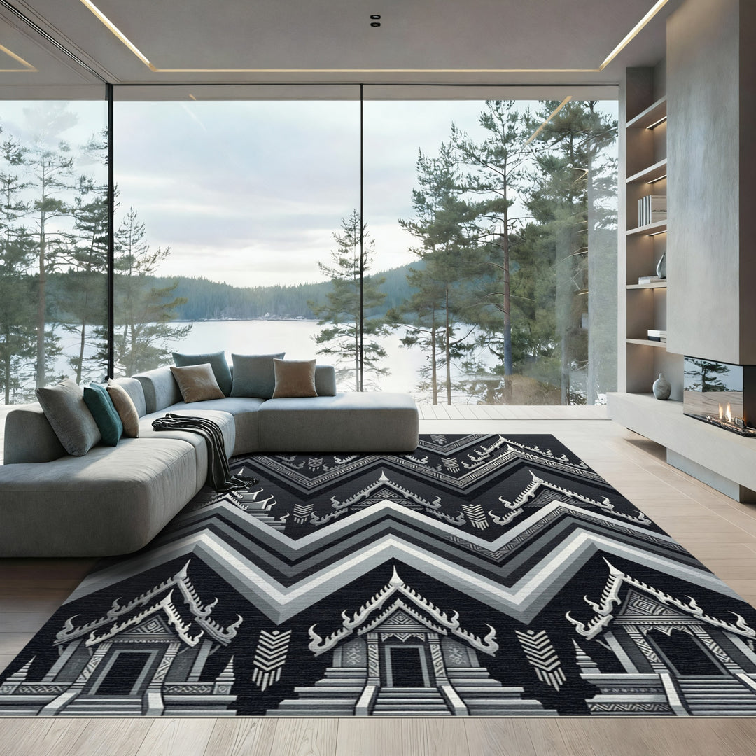 Monochrome Asian Temple Geometric Rug