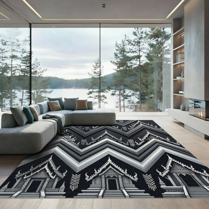 Monochrome Asian Temple Geometric Rug
