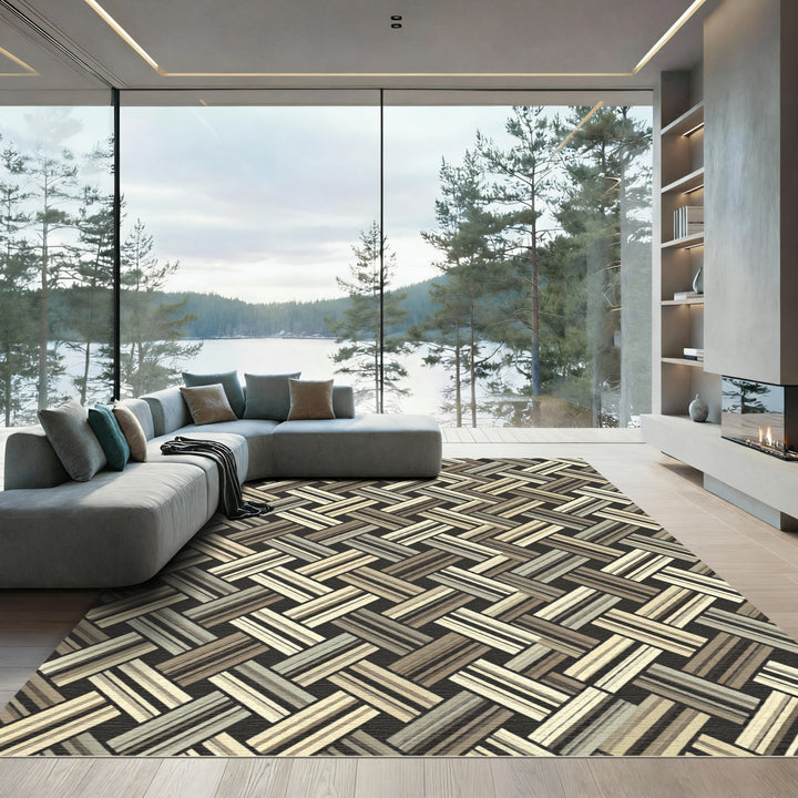 Neutral Woven Basketweave Geometric Rug