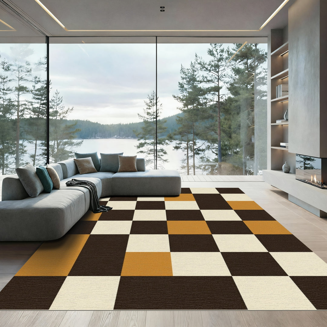 Retro Ochre Black White Check Rug