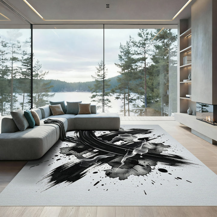 Bold Black Brushstroke Ink Splatter Rug