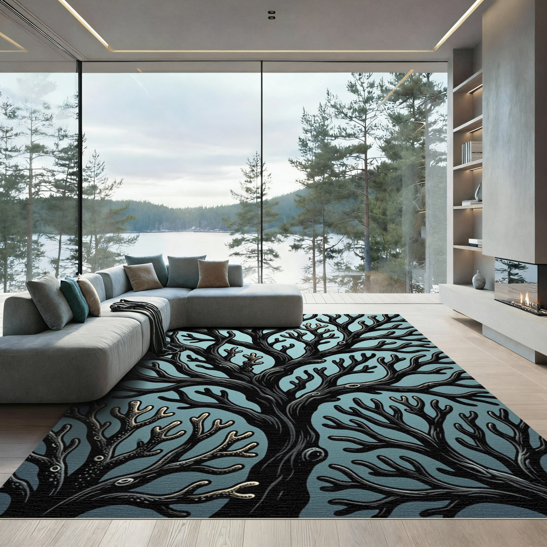 Dark Coral Branch Ocean Teal Rug