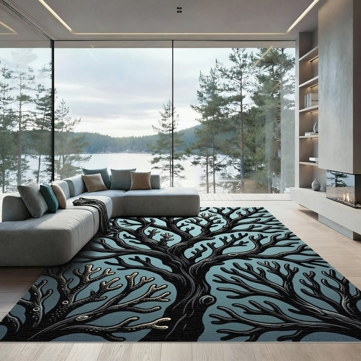 Dark Coral Branch Ocean Teal Rug