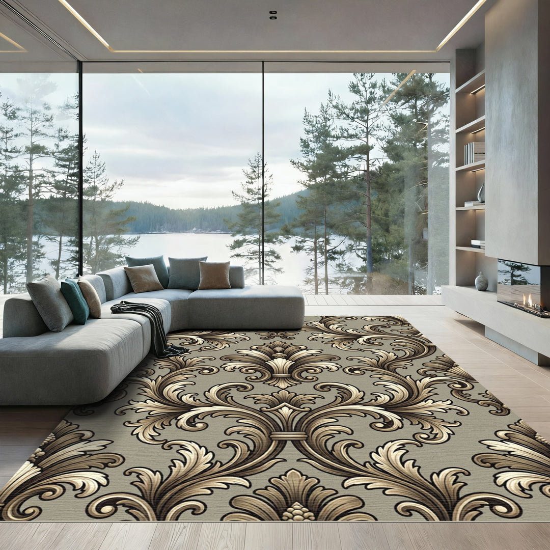 Ornate Gold Acanthus Leaf Damask Rug