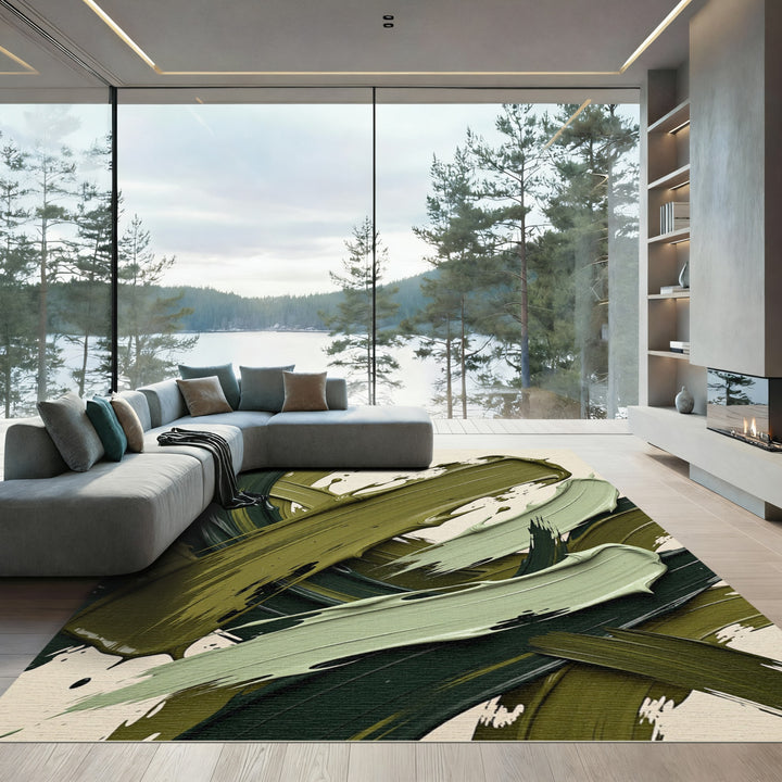Bold Olive Green Paint Swirl Rug