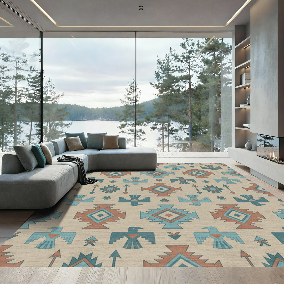 Terracotta Blue Thunderbird Geometric Rug