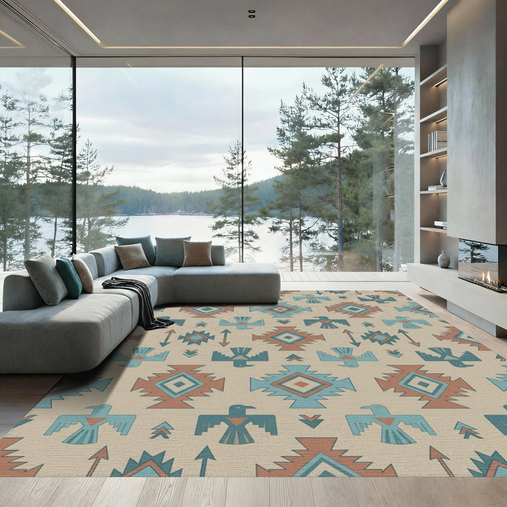 Terracotta Blue Thunderbird Geometric Rug