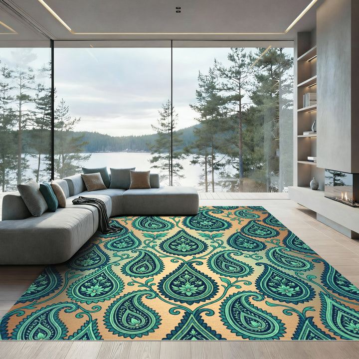Teal Paisley Floral Garden Rug