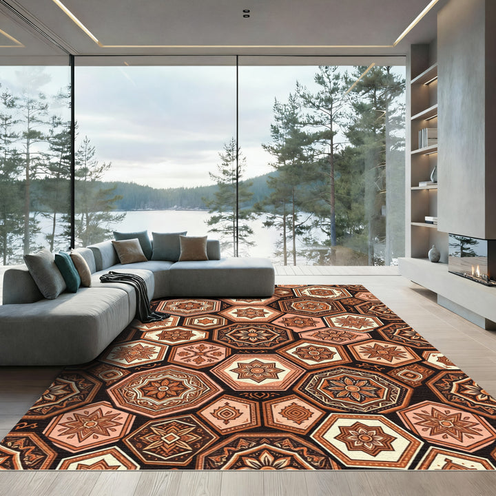 Geometric Terracotta Floral Octagon Rug