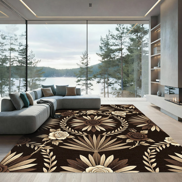 Rich Brown Floral Palm Leaf Medallion Rug