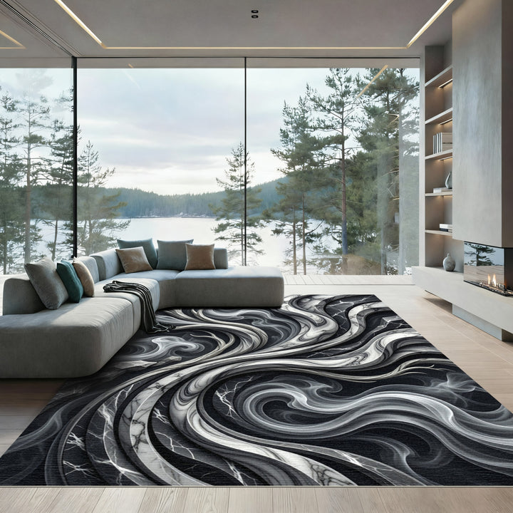 Monochromatic Marble Swirls Abstract Rug