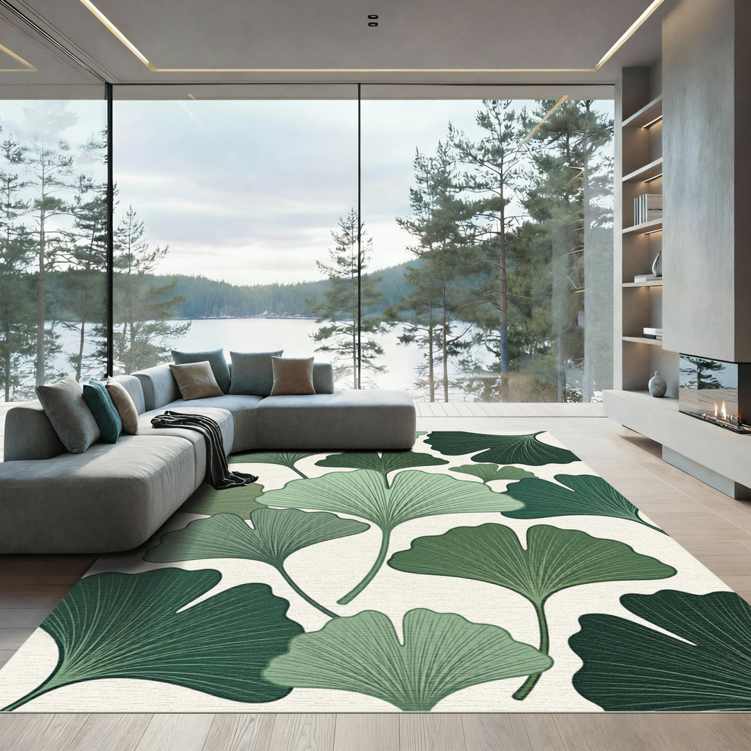 Earthy Green Ginkgo Fan Spread Rug
