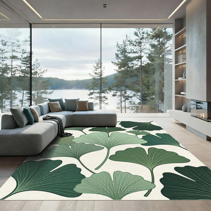 Earthy Green Ginkgo Fan Spread Rug
