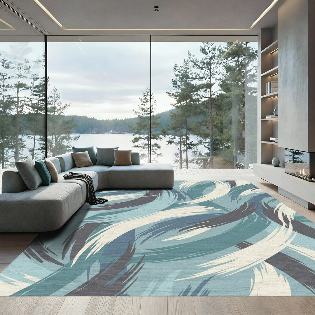 Coastal Blue Abstract Brushstroke Swirls Rug
