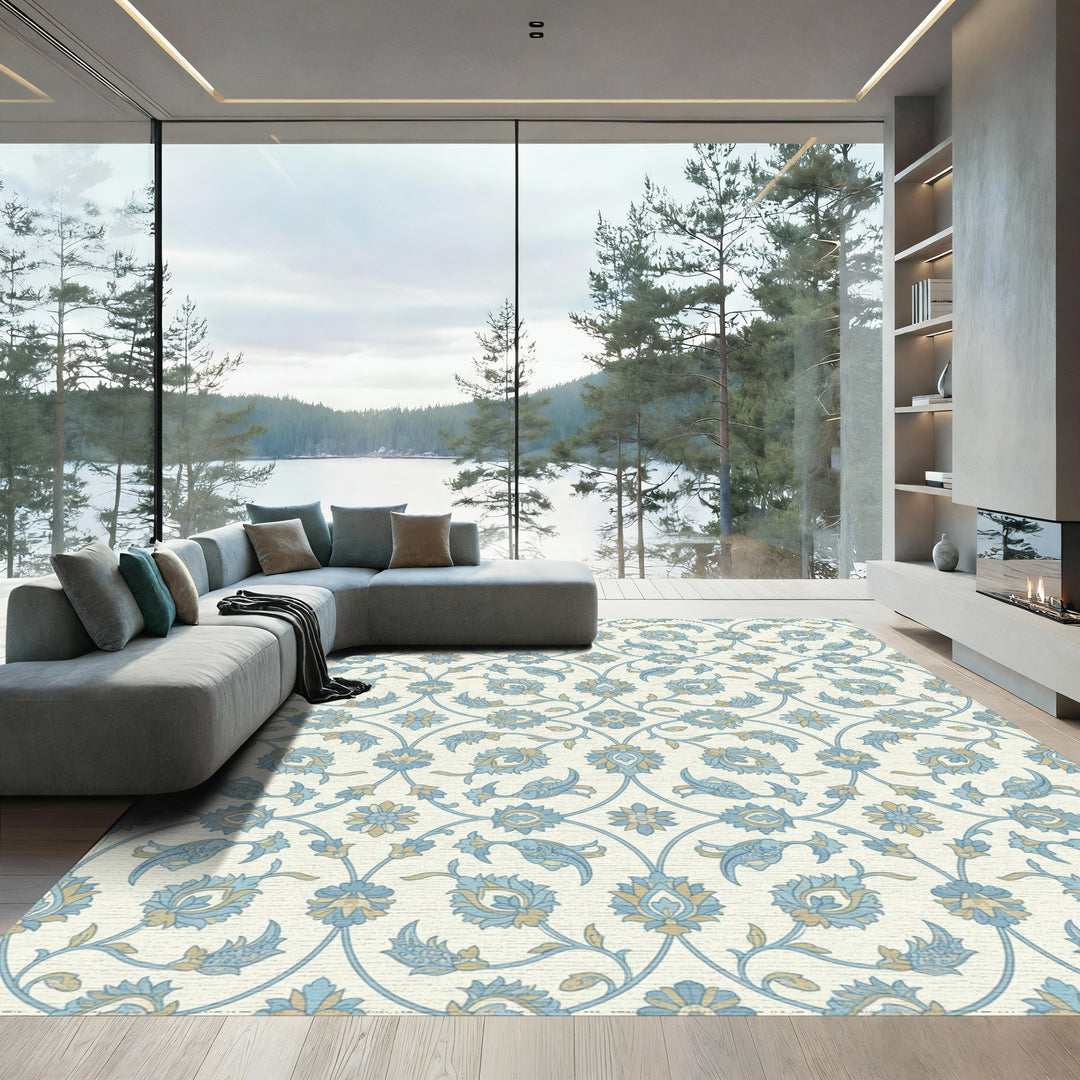 Blue Tan Floral Arabesque Scroll Rug