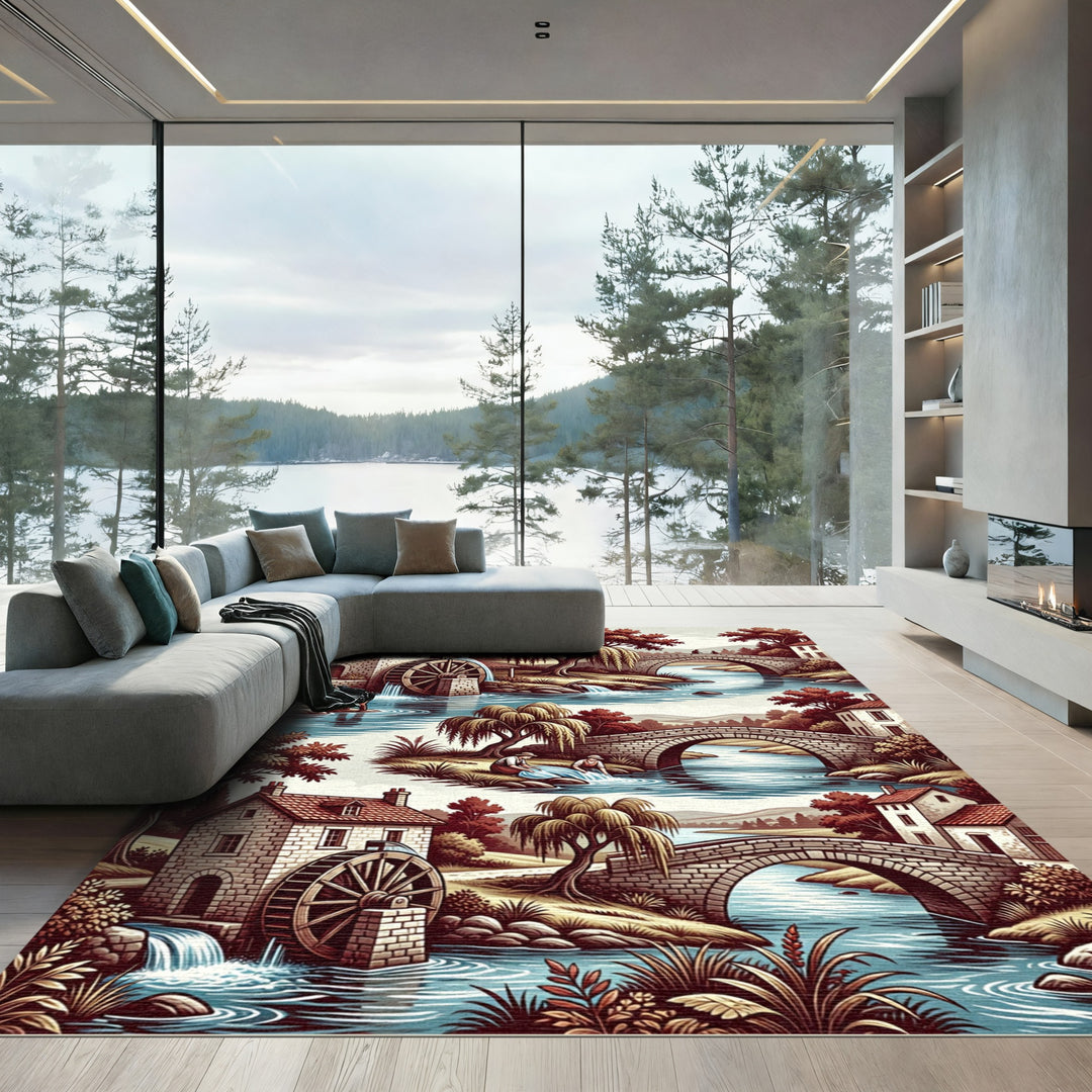 Rustic Watermill River Bridge Scene Rug