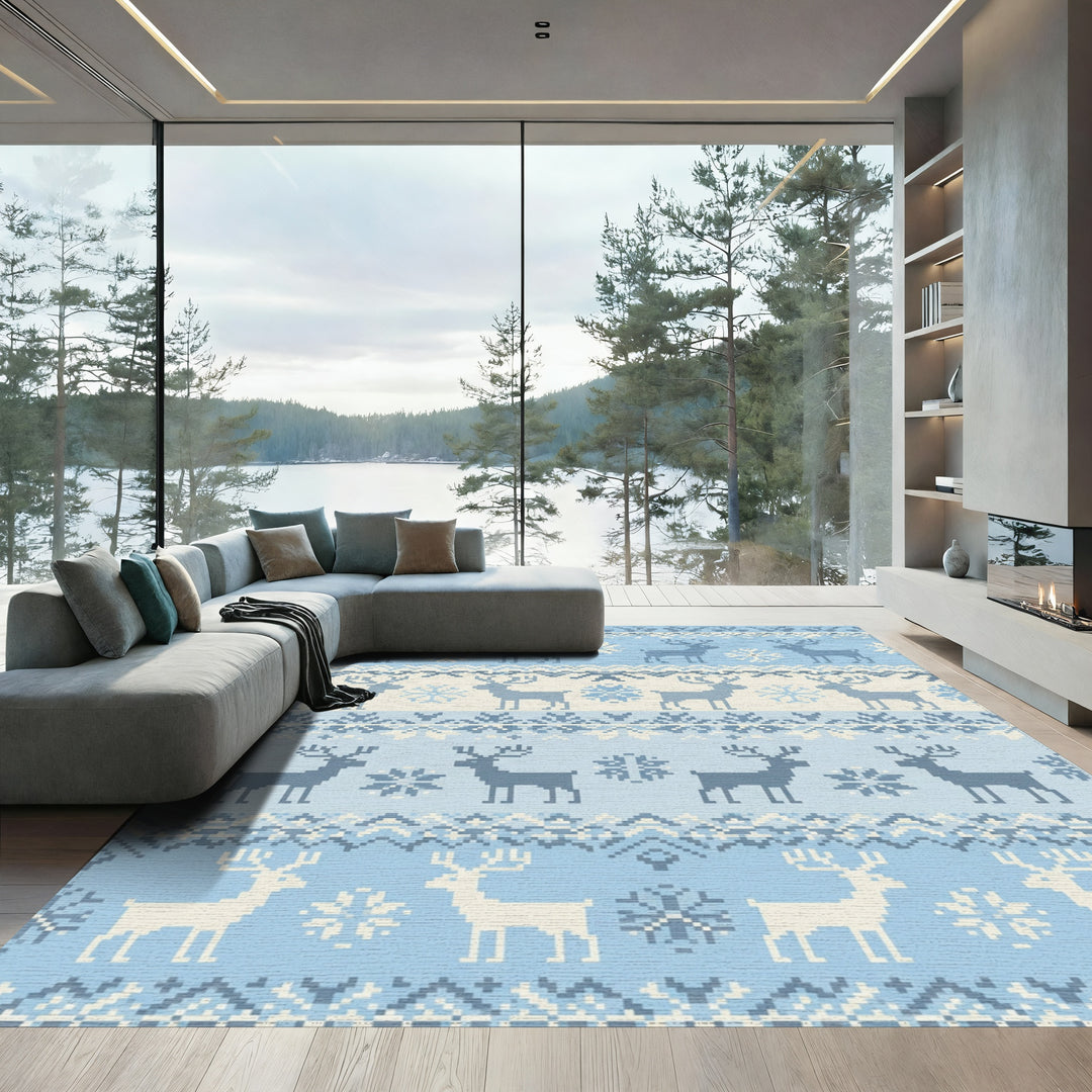 Winter Blue Reindeer Snowflake Pixel Rug
