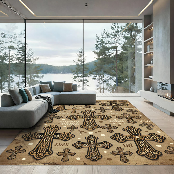 Golden Rustic Cross Medallion Pattern Rug