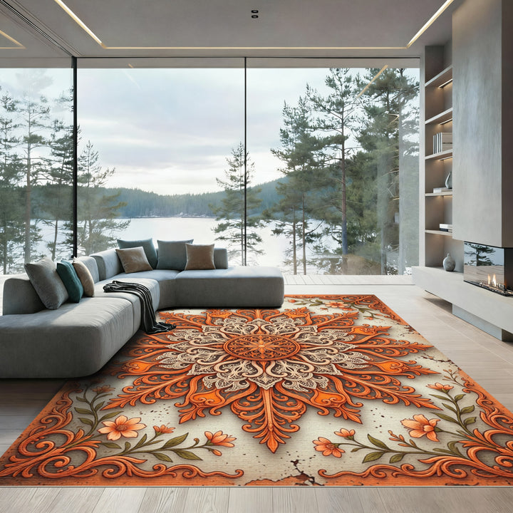 Vintage Orange Floral Medallion Rug