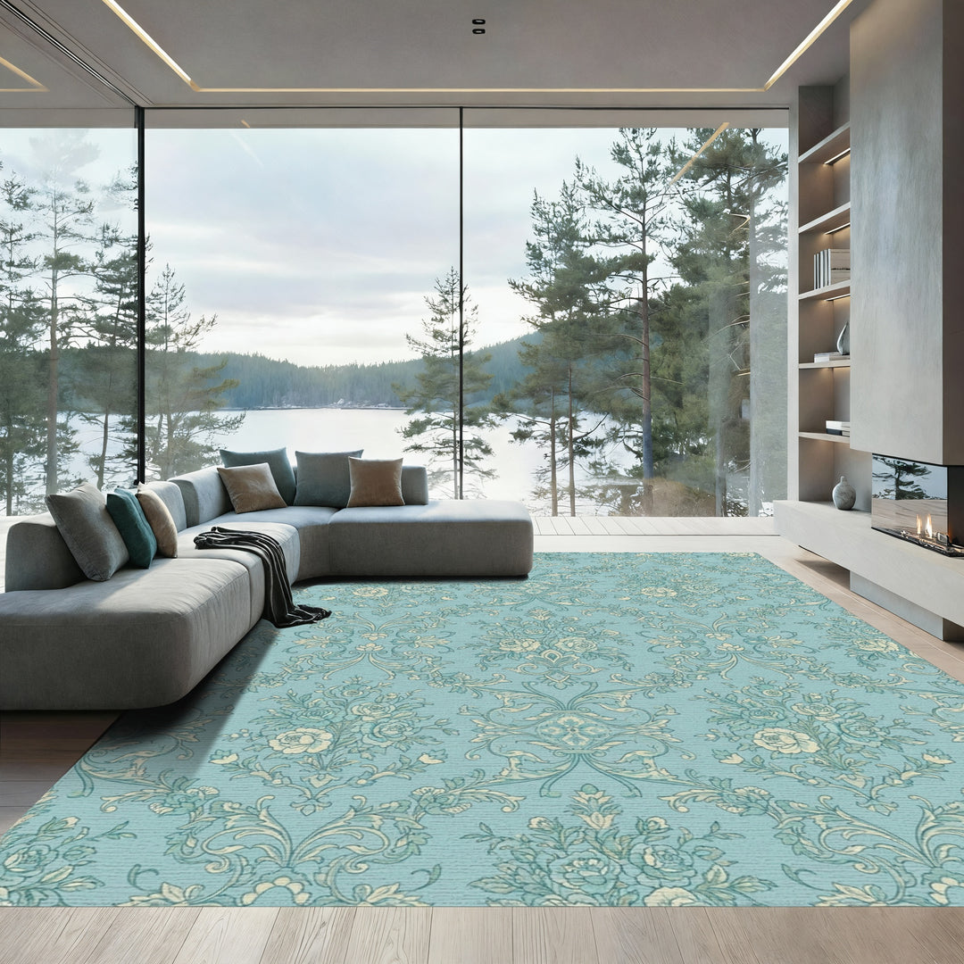 Aqua Floral Arrangement Vintage Scroll Rug