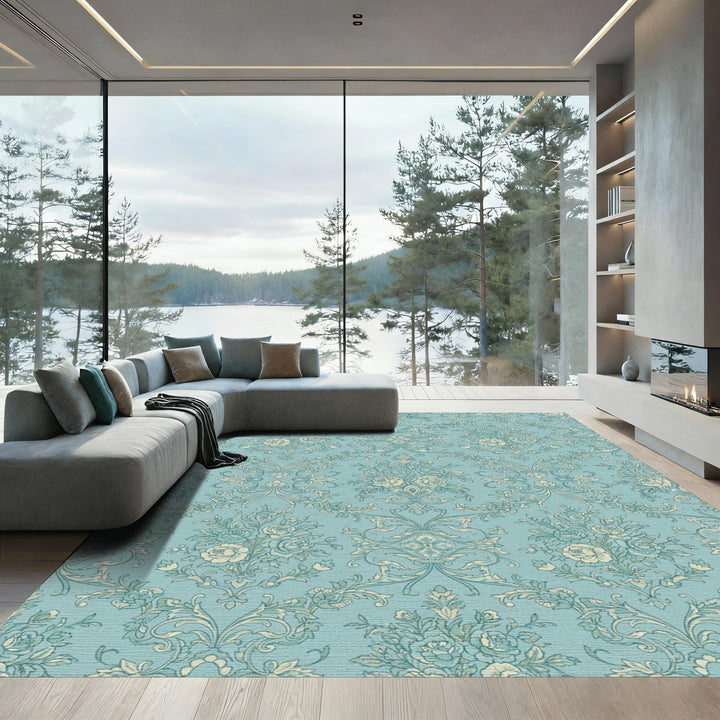 Aqua Floral Arrangement Vintage Scroll Rug