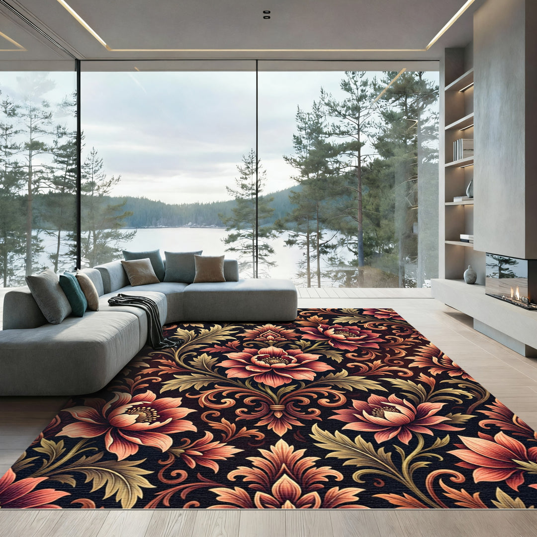 Gilded Coral Floral Damask Rug