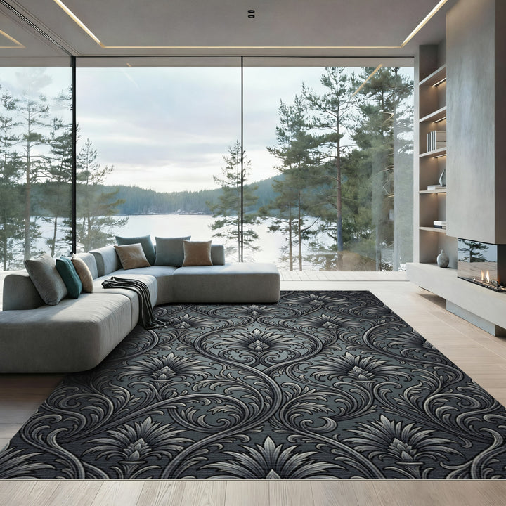 Victorian Dark Gray Floral Scroll Rug