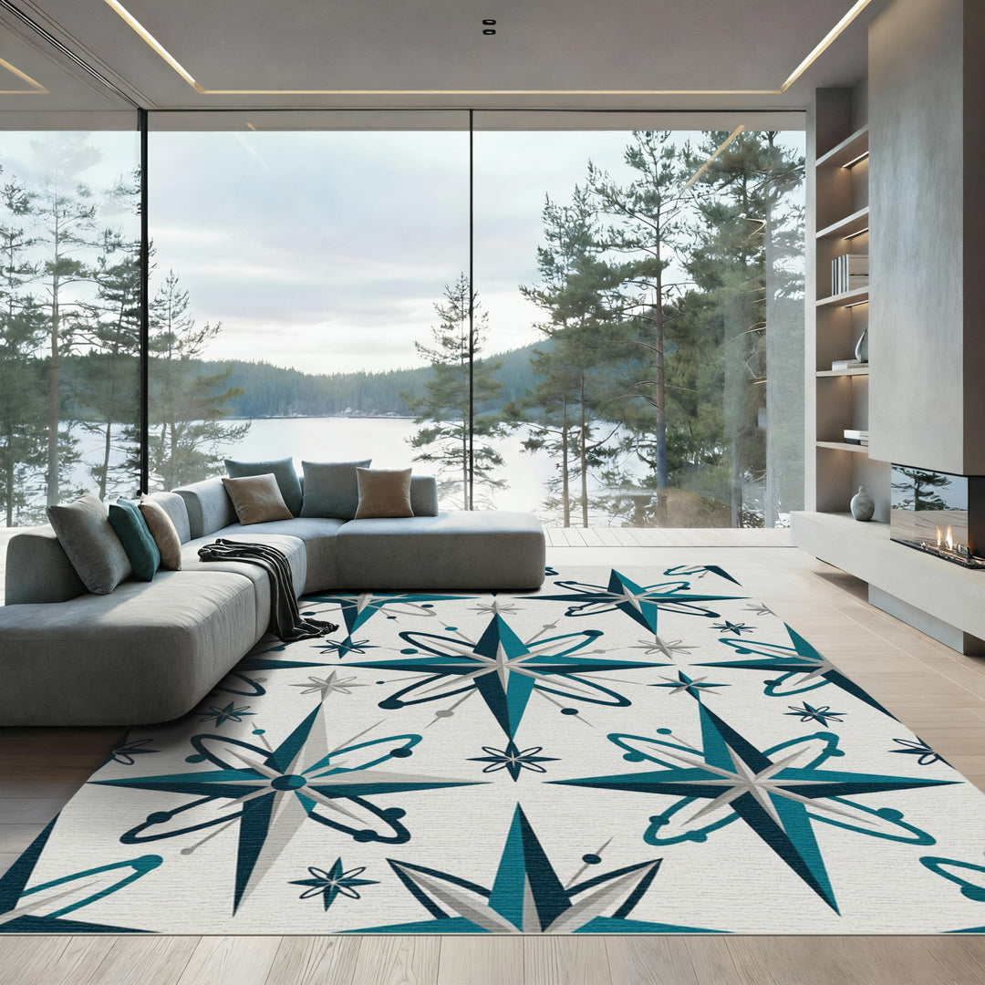 Teal Gray Atomic Starburst Rug