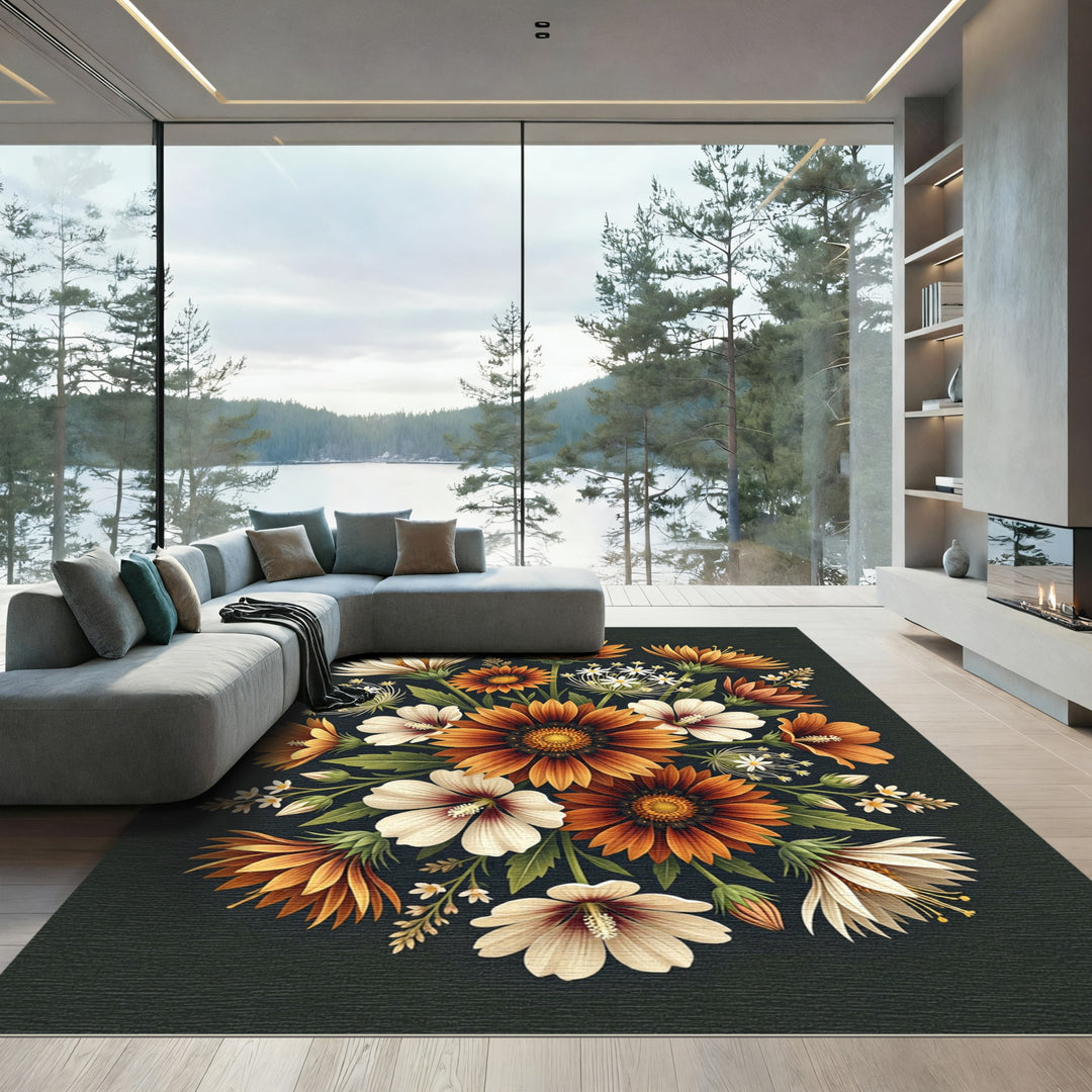 Orange White Floral Arrangement Rug