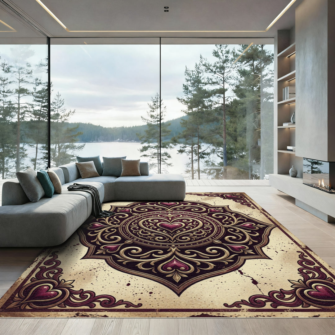 Ornate Heart Medallion Burgundy Gold Rug