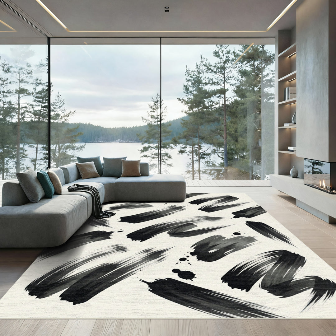 Bold Black Ink Brushstroke Rug