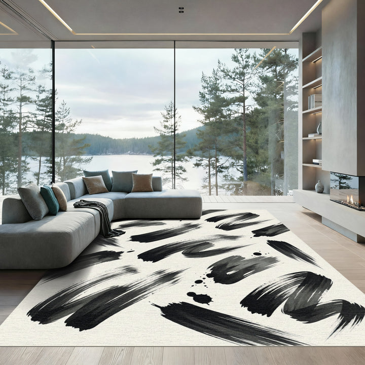 Bold Black Ink Brushstroke Rug