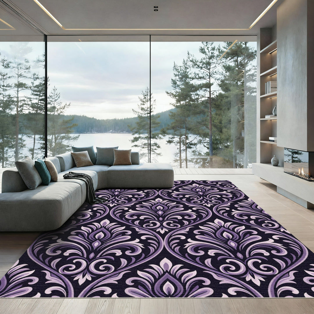 Ornate Violet Scrollwork Damask Rug
