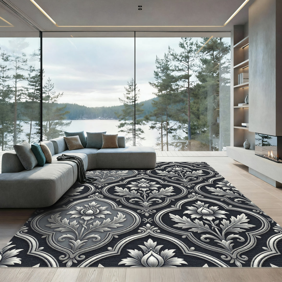 Elegant Silver Floral Damask Rug