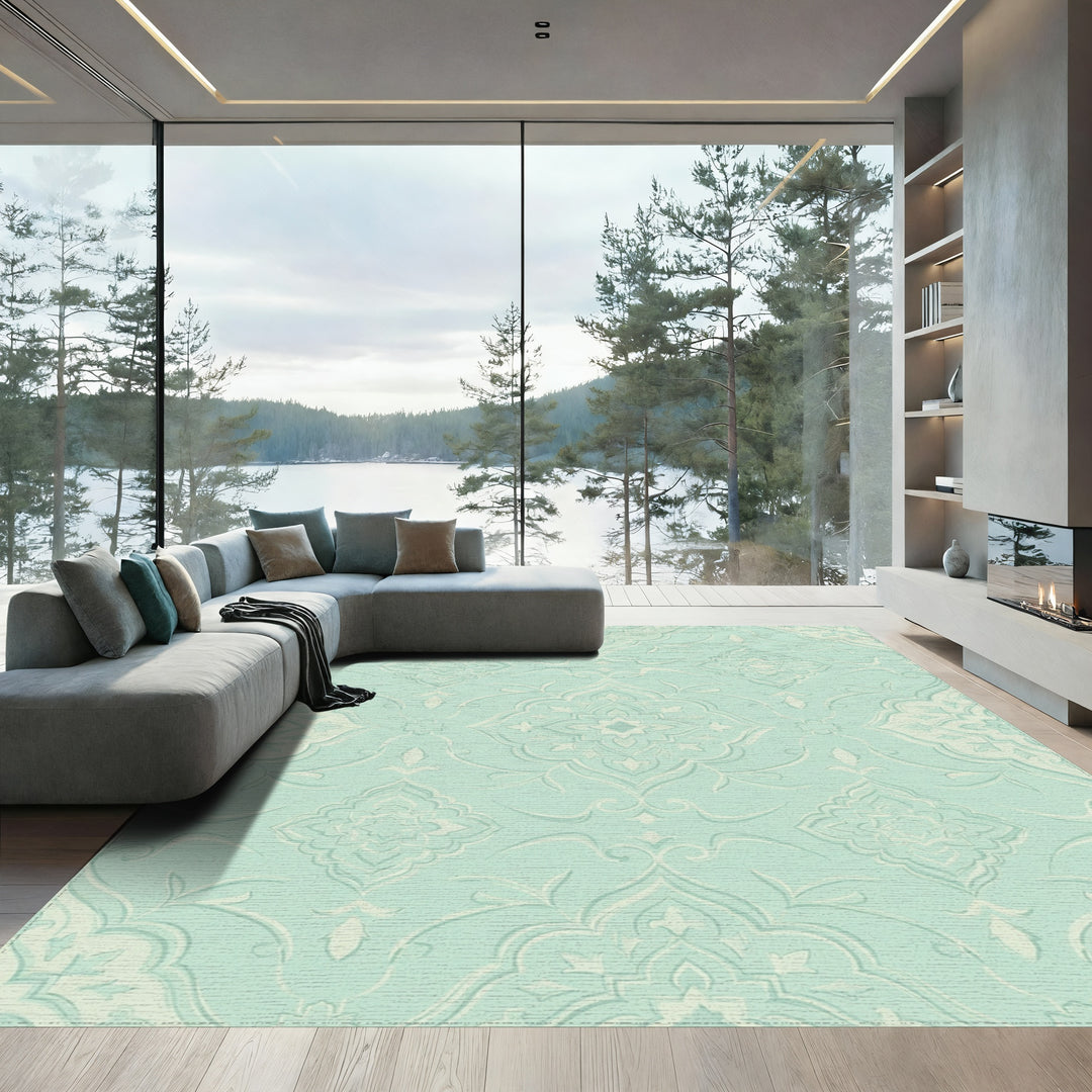 Light Aqua Scroll Medallion Rug