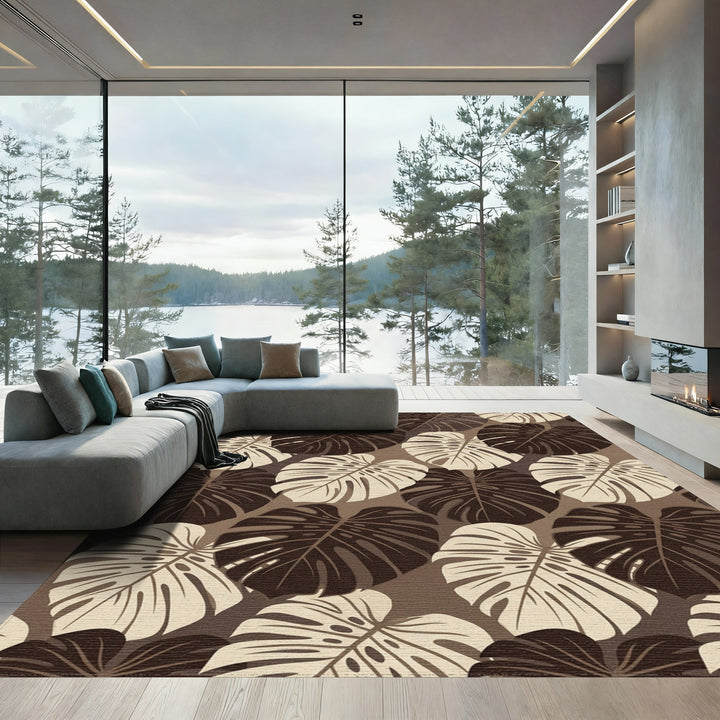 Brown White Leafy Foliage Repeat Rug