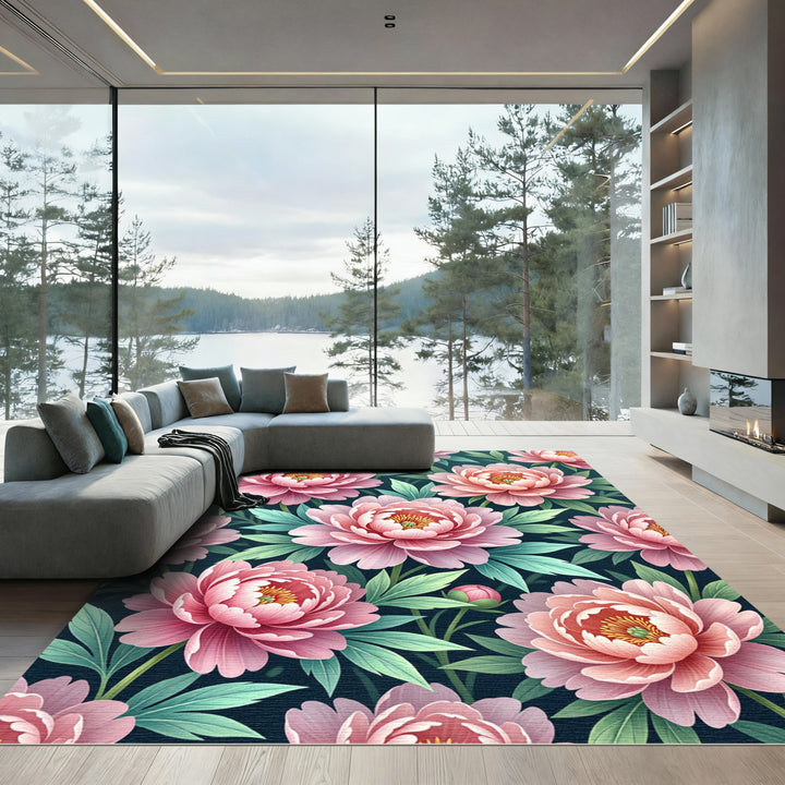 Pink Peony Floral Garden Illustration Rug