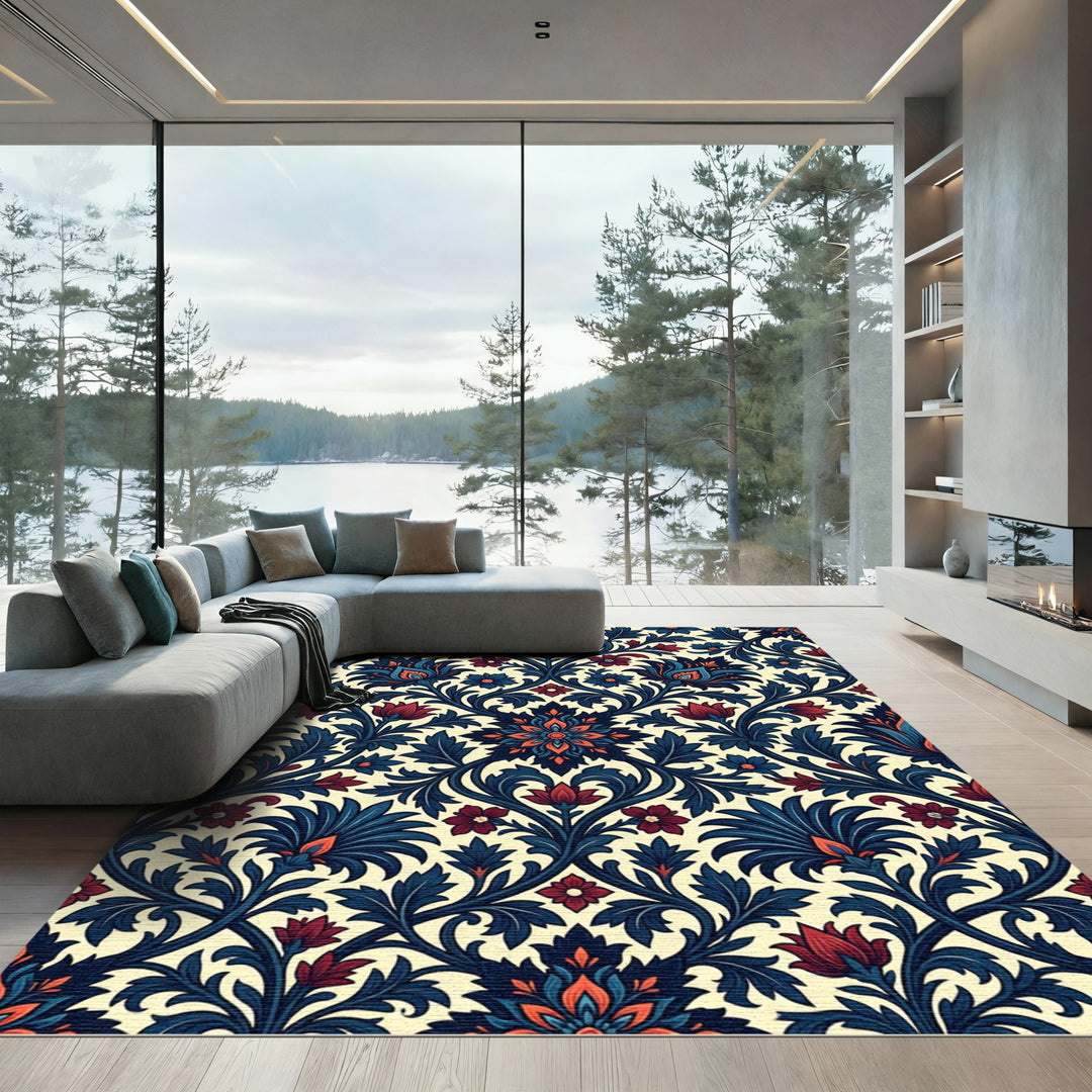 Crimson Blue Floral Paisley Medallion Rug